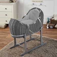 Baby Moses Basket With Stand Grey Waffle Bedding and Mattress Grey Wicker