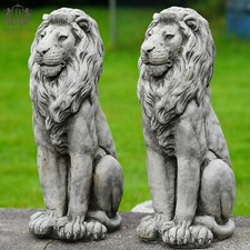 Pair Regal Lion Stone Statues | Outdoor Garden Ornament Large African Lions