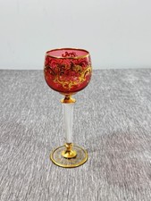 St. Louis Crystal Cranberry & Gold Hock Wine Glass Air Twist Stem Gilt Vintage