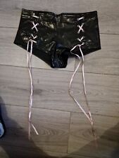 BNWOT Vintage Ann Summers Insinuate Black PVC Lace Up Hot Pants Size Small 10-12