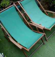 x2 Vintage Folding Deck Chairs Hardwood Frames x5 Positions Garden Camping Patio