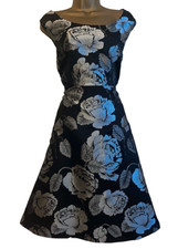 ✨ MONSOON BLACK SILVER FLORAL FIT FLARE EVENING PARTY OCCASION DRESS - SIZE 18