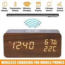 LED Wooden Digital Bedside Alarm Clock Wireless Charging USB Battery 3 Alarms
