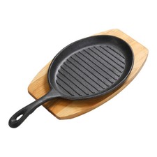 Cast Iron Sizzler Plate Griddle Pan Steak Platter Sizzling Dish with Wooden Tray