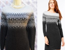 Monsoon Fliss Fairisle Size Medium M 14 Wool Cotton Blend Grey Knit Jumper Dress