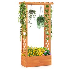 COSTWAY Raised Garden Bed Wood Freestanding Planter Box with Trellis-Orange
