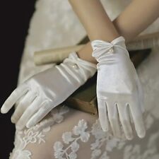 Girls White Satin & Faux Pearl Princess Gloves First Communion Wedding Pageant