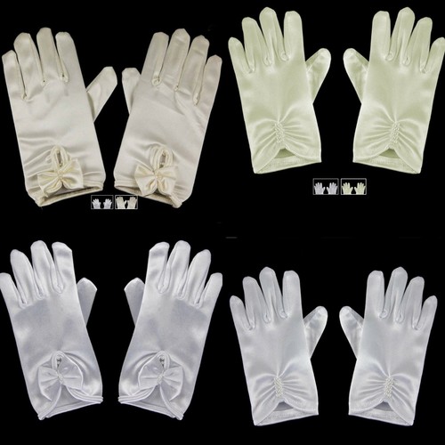 Girls white ivory satin gloves - white,