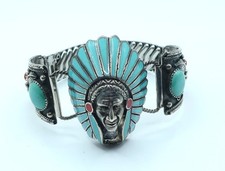 Vintage Navajo Sterling Silver cuff bracelet Indian Head RS Roger Skeet