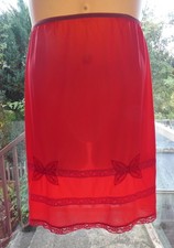 Beautiful  Vtg Bright Red Semi Sheer Silky Nylon Half Slip Embroidered Butterfly