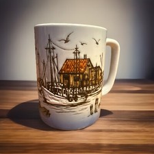 Vintage Otagiri Japan Stoneware Coffee Mug Fishing Boats at Pier Seagulls 
