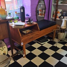 Vintage Mcm Teak Wood And Vinyl leather Seat Cushion Telephone Table Mid Century