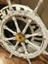 36'' Hand Painted Wooden Ship Wheel Distressed White Nautical beach home Decor