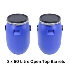 NEW Value Twin Pack of 2 x 60 Litre Blue HDPE Plastic Barrels Drums Food Safe