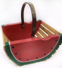 Vtg WATERMELON Wood Basket w/ Heavy Metal Handle Folkart Made In Haiti Wooden