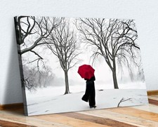RED UMBRELLA IN SNOW CANVAS WALL ART ARTWORK FRAMED PRINT