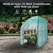 Lean To Greenhouse - 6 Shelves Walk In Greenhouse With Green PE Cover, Roll-Up