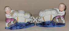 Pair of Vintage Continental Porcelain Planters/Vases Child Pushing Wheelbarrow
