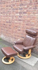 Ekornes Stressless Recliner Chair & Footstool Brown Leather Light Wood