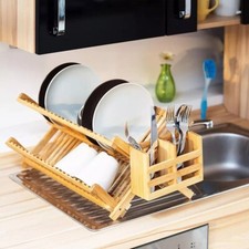 Dish Drainer Cutlery Rack Bamboo Set of 2  Foldable Wooden With Utensils Holder