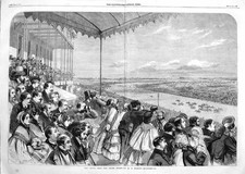 Old Antique Print 1860 Derby Grand Stand Horse Racing Sport Spectators 19th
