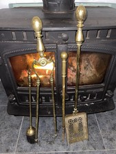 Brass Companion Fireside Tools Tongs Poker Brush Shovel Fire Side Antique 68cm