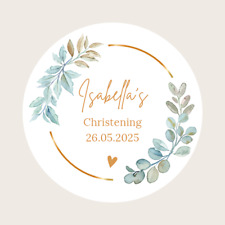 Personalised Round Christening / BaptismStickers Labels Green & Gold Floral 37mm