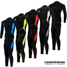 Mens Compression Tights + Top T-Shirt Base Layer Armour Gym Trousers Under Suit