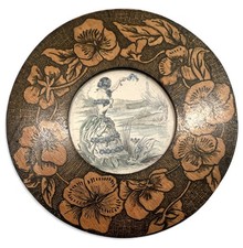 Antique Flemish Pyrography Folk Art Wood 7½” Frame Hand-colored Engraving 1900