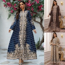 Women's Muslim Maxi Dubai Abaya Diamonds Pearls Islamic Floral Prayer Dress SIZE