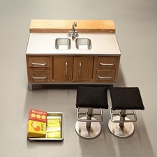 Lundby Dollhouse KITCHEN BAR SET w STOOL SINK Cabinet 1/18 Scale Wood Vintage