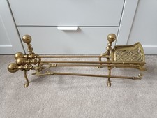 Vintage Brass Fireside Companion Set - Shovel, Poker, Tongs, Dogs Heavy Large