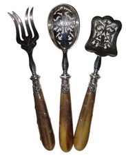 Antique Silver Plate And Bone French 3 Piece Cutlery Serving Set