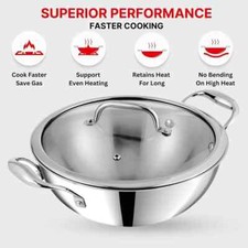 Platinum Triply Stainless Steel Kadai Wok With Glass Lid Stir Fry Induction Base