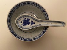 Chinese Blue & White Rice or Soup Bowl and Spoon, Flower design in Bowl 