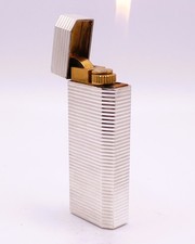 Cartier Vintage WORKING Pentagon Lighter Silver Horiz Stripe Gold Trim 70s