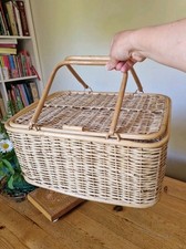 Vintage Wicker Picnic Basket Dual Handles and Lid Bamboo Rattan Foraging Hamper