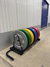 150KG Coloured Olympic Bumper Plate Set Weights with Flat Rack & Barbell Holder