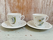 2 x Vintage Rörstrand Porcelain Hearts Floral Cups & Saucers Louise Adelborg VGC