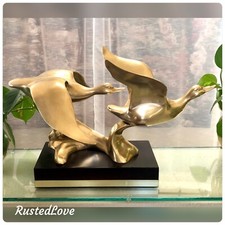 Brass Flying Ducks Mid Century Modern Statue Nautical Beach Decor on Stand