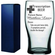 Personalised Engraved pint glass PRESCRIPTION BEER any name added BEER
