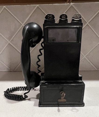 Antique black pay phone - pay,