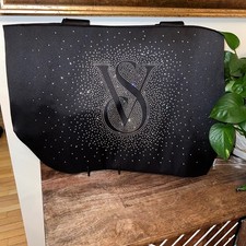 NWT Victoria's Secret Large Black Tote Bag Rhinestone Logo Sparkle Zippered