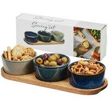 4 Pcs Serving Set Ceramic Dip Bowls Tapas Appetiser Snack Dish Acacia Wood Tray
