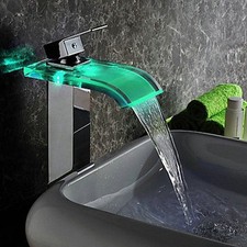 Chrome Glass Bathroom Waterfall Basin Faucet LED 3 Colors Spout Sink Mixer Taps
