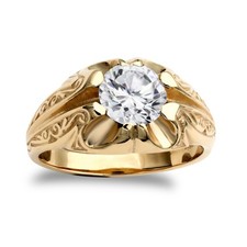 Mens 9ct Gold Jewelco London CZ Solitaire Carved Gypsy Ring 8mm 2 Carats