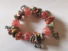 Elastic Bracelet Chunky Beads Salmon Pink Sea Shells Charms Silver Colour
