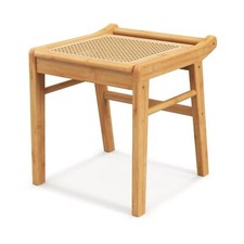 Bamboo Vanity Stool Rattan Top Sitting Stool Footrest w/ Anti-slip Foot Pads