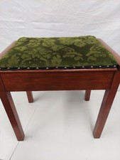 Vintage Wooden Vanity Bench w/ Flip-Top Storage & Green Velvet Seat Stool Piano