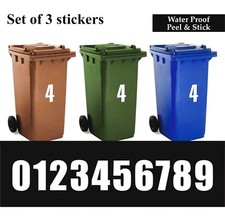x3 White Wheelie Bin House Numbers Stickers Wheely Dustbin Sticker Peel & Stick